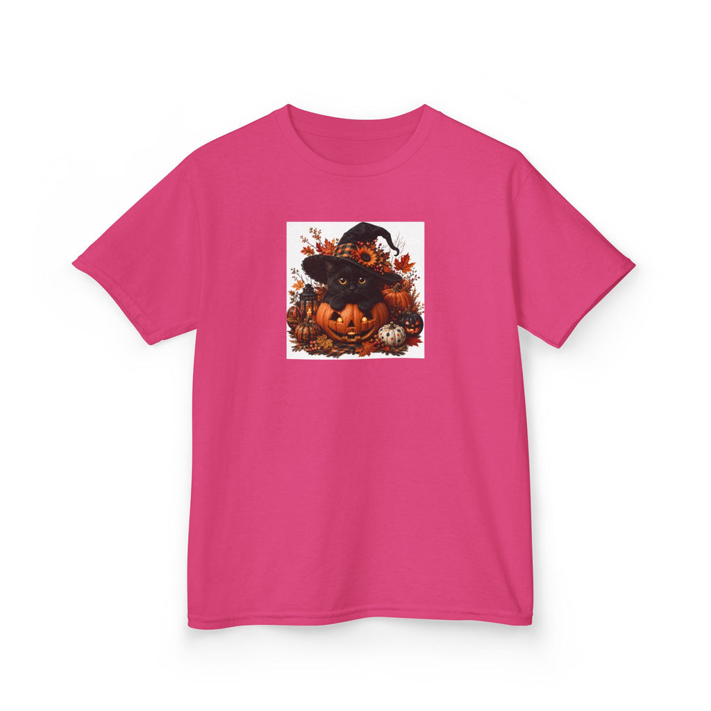 Kids Tee — Halloween Black Cat with Witch Hat & Pumpkins