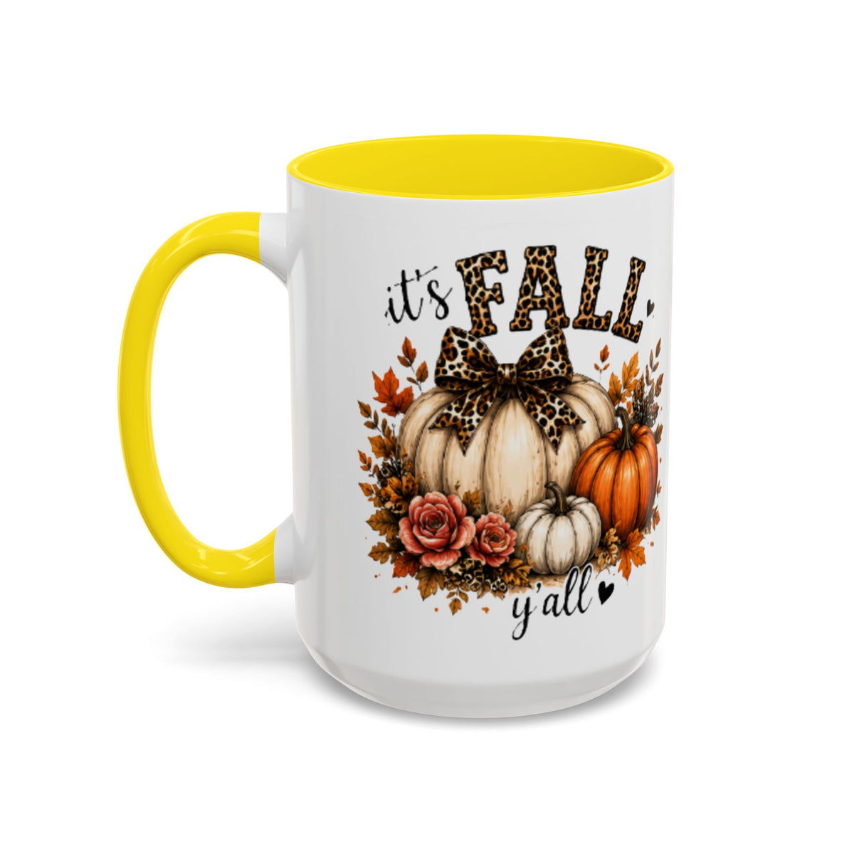 White ceramic coffee mug with yellow handle and interior, “it’s FALL y’all” with pumpkins and florals