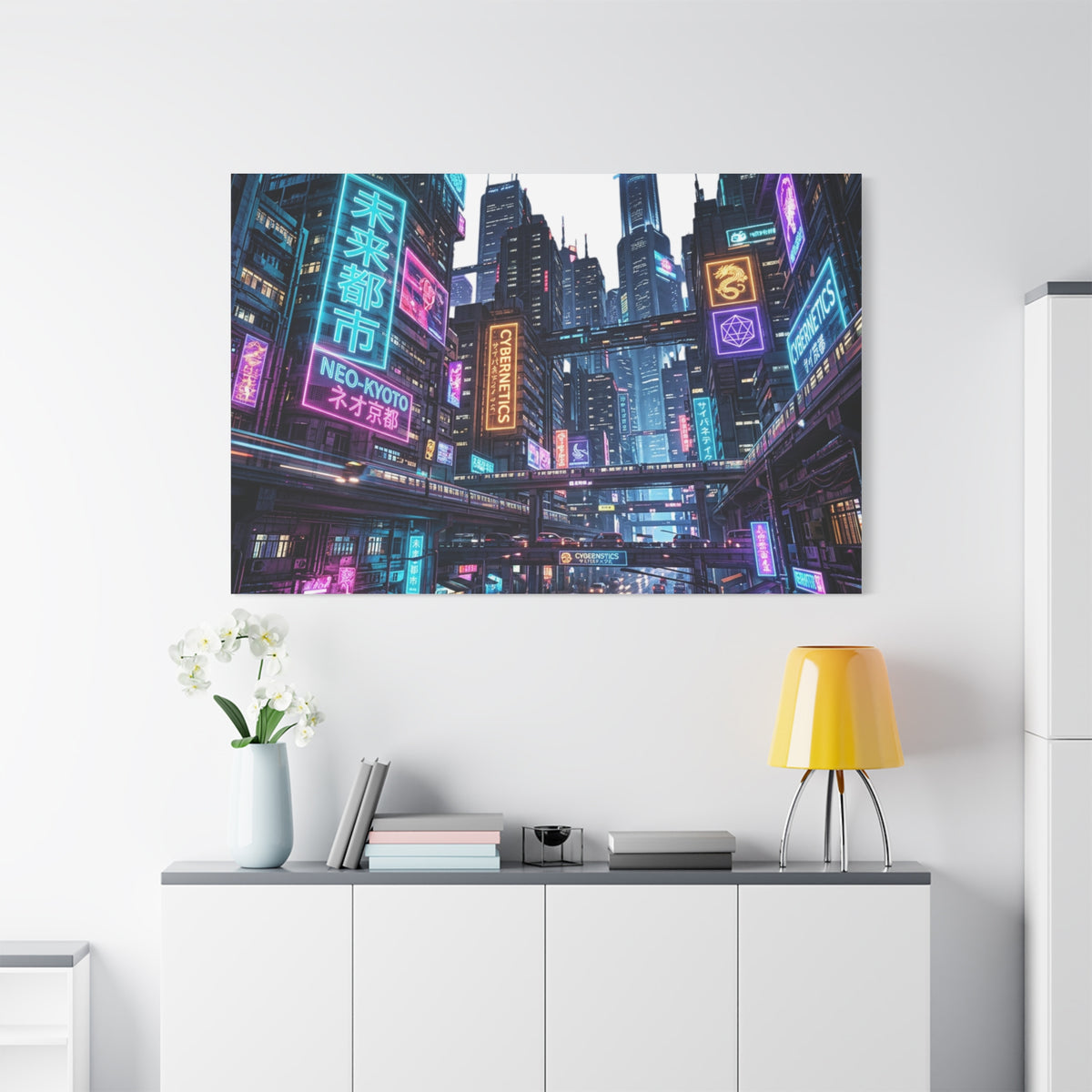 Neo-Kyoto Cyberpunk City Matte Canvas Print