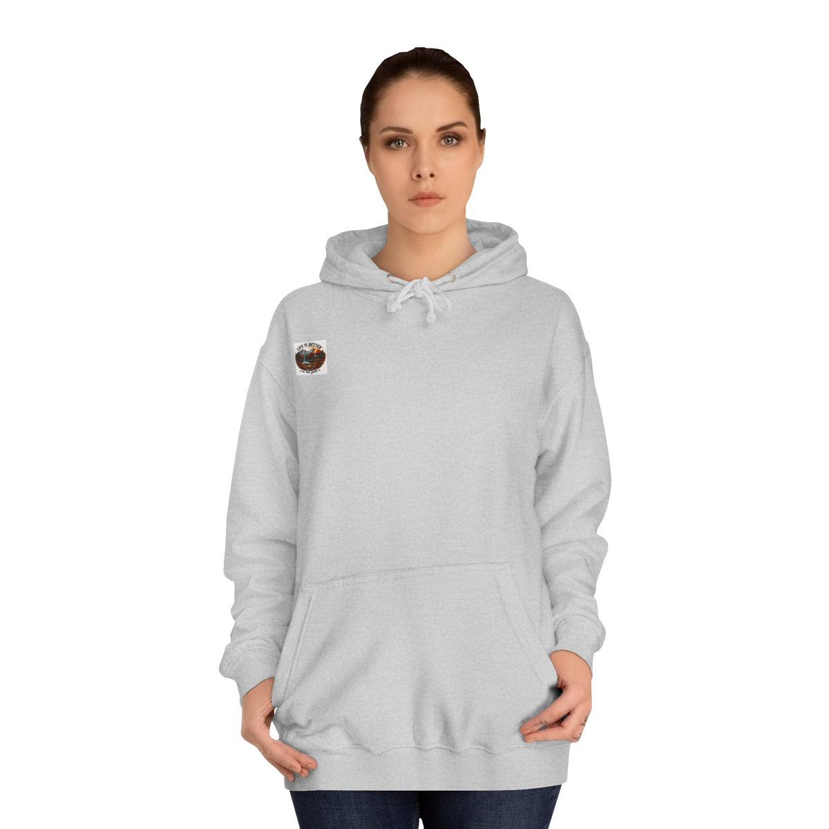 Heather gray pullover hoodie with front pouch pocket and drawstring hood