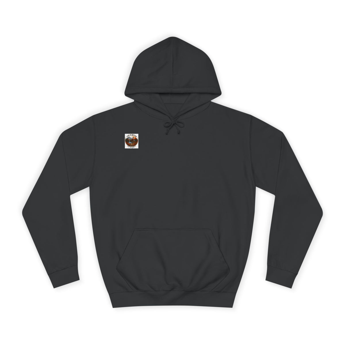 Charcoal dark pullover hoodie with hood, drawstrings, kangaroo pocket, and small chest patch.