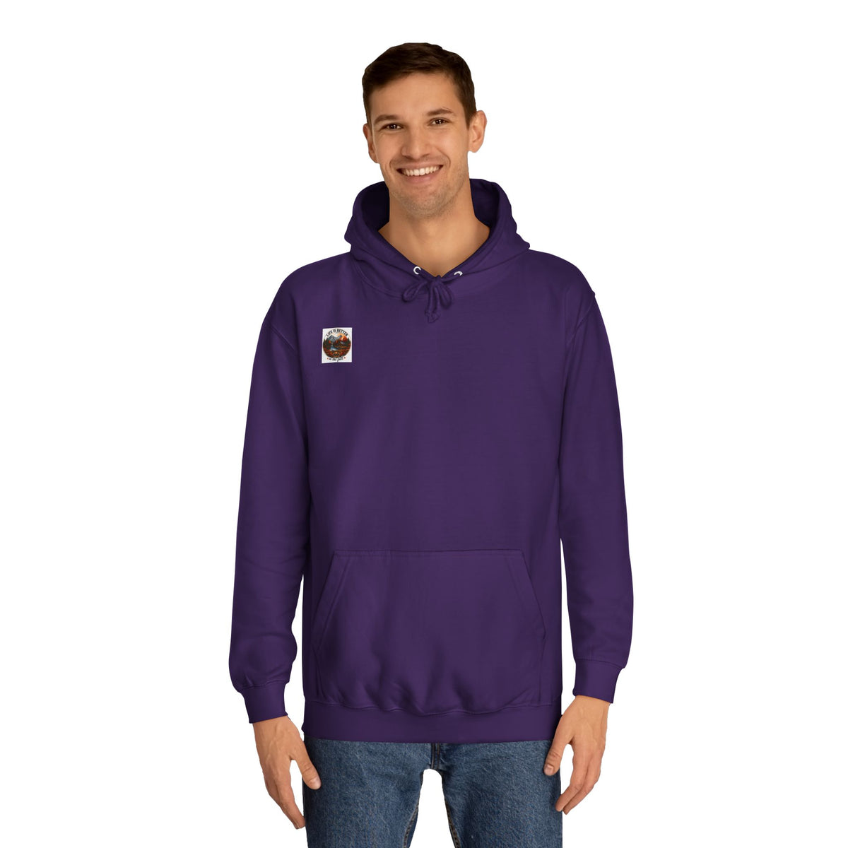 Purple pullover hoodie with hood and kangaroo pocket; small chest patch.