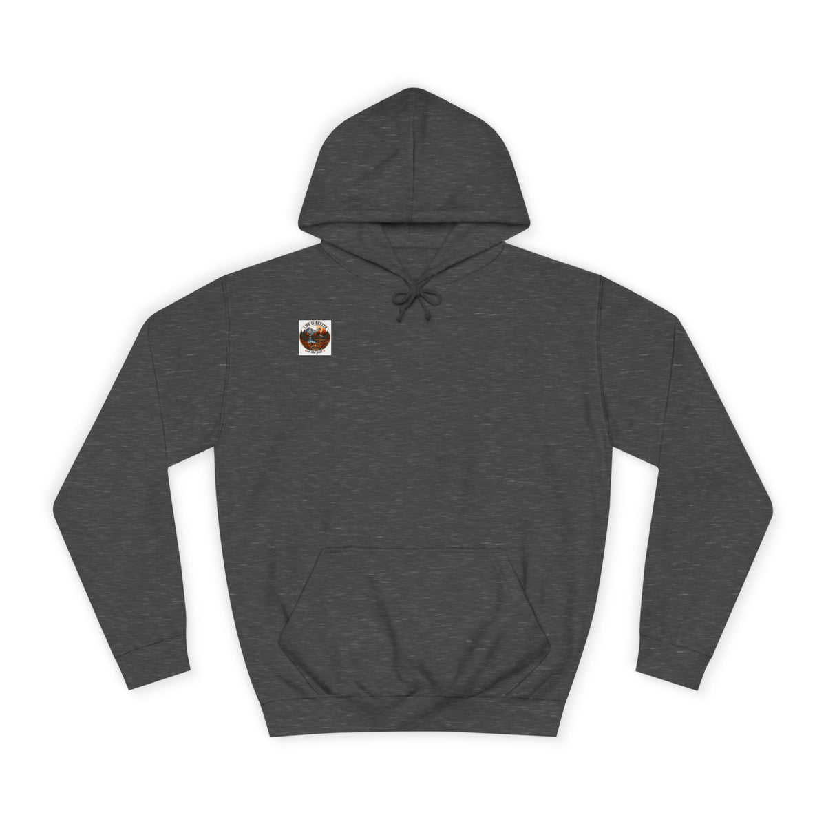 Steel gray pullover hoodie with hood, drawstrings, kangaroo pocket, and small back logo