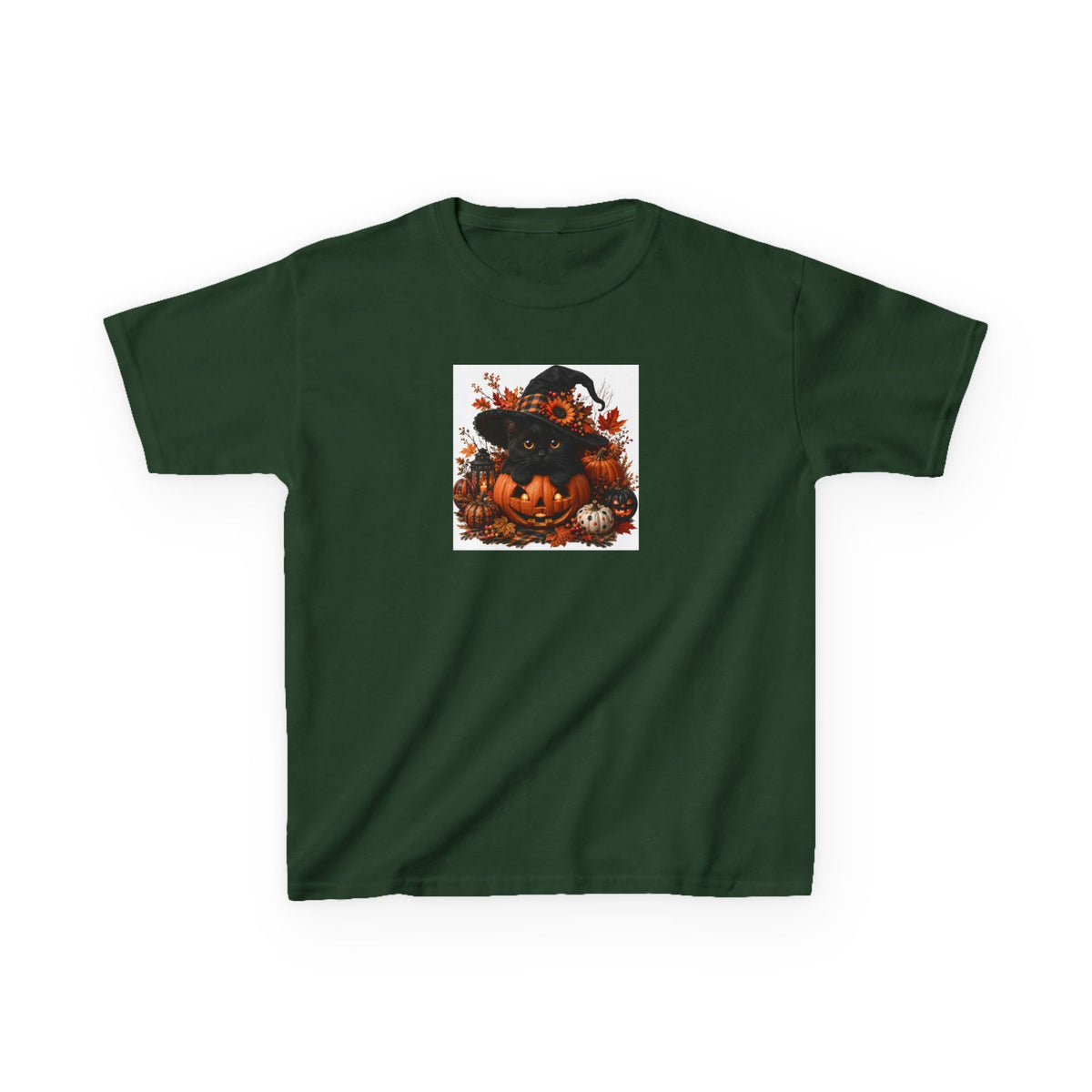 Kids Tee — Halloween Black Cat with Witch Hat & Pumpkins
