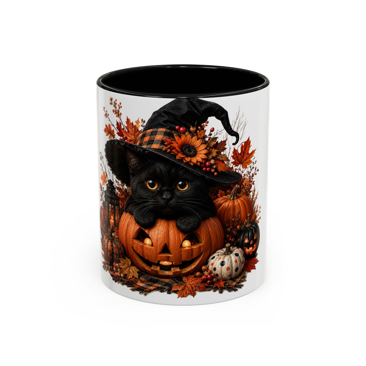 Halloween Black Cat Pumpkin Coffee Mug – Autumn Witch Hat Accent Mug (11/15oz)