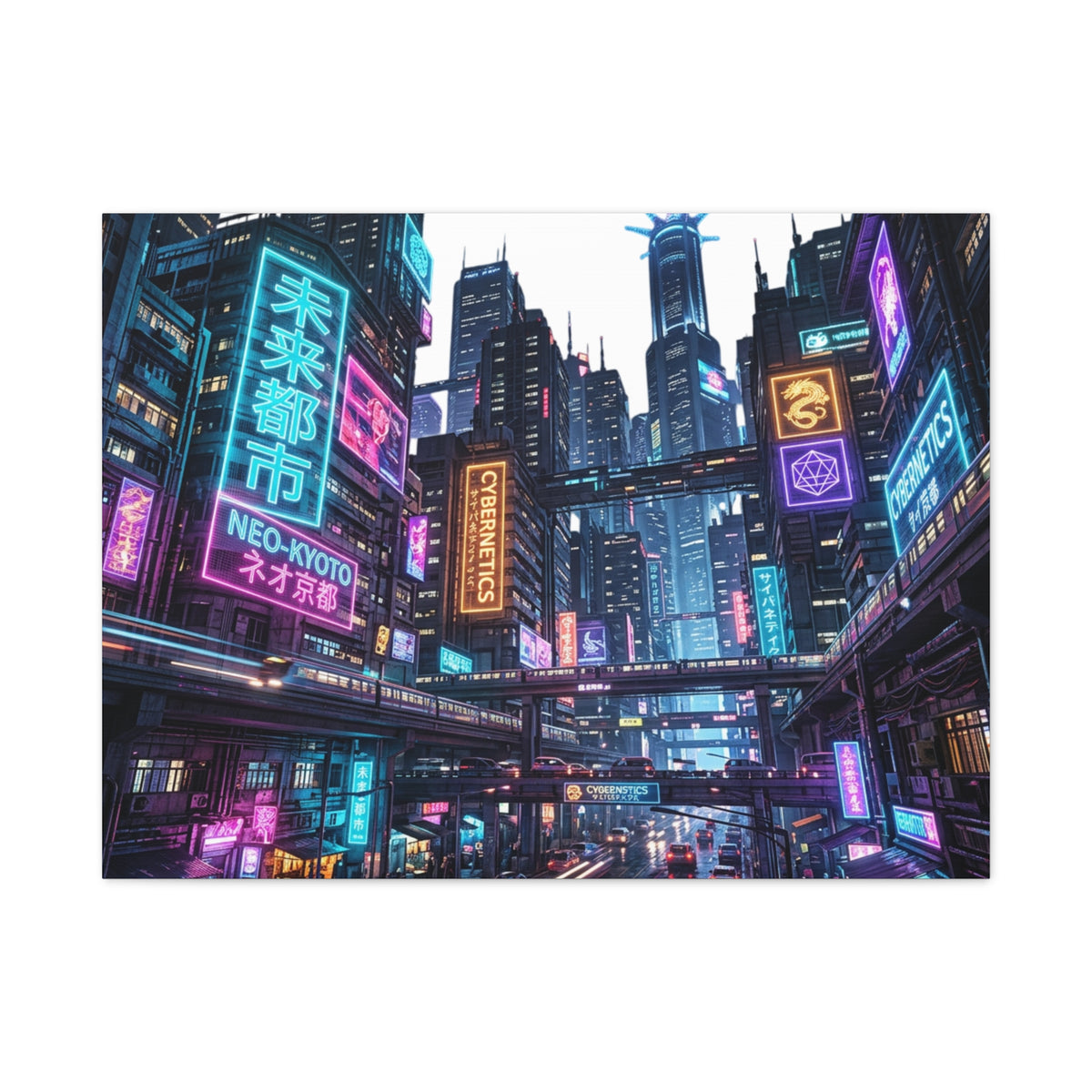 Neo-Kyoto Cyberpunk City Matte Canvas Print