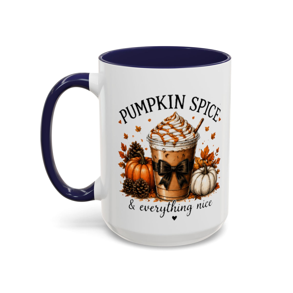 White coffee mug with navy handle and rim; Pumpkin Spice drink and fall-themed graphic