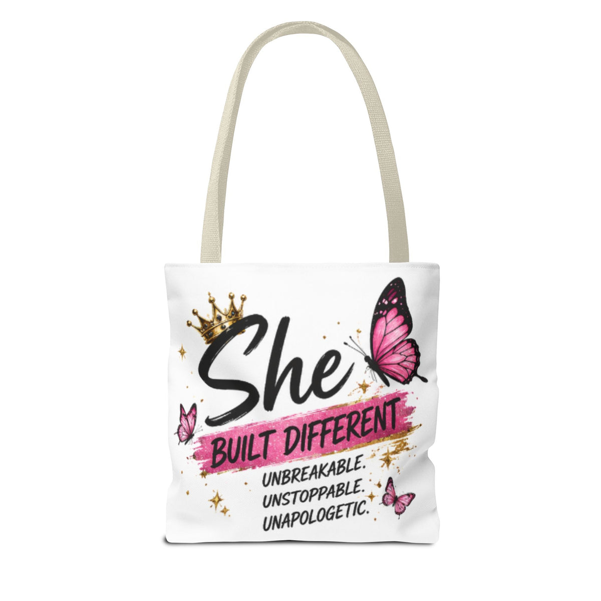 White canvas tote bag with butterfly graphic and crown, “She Built Different” lettering front