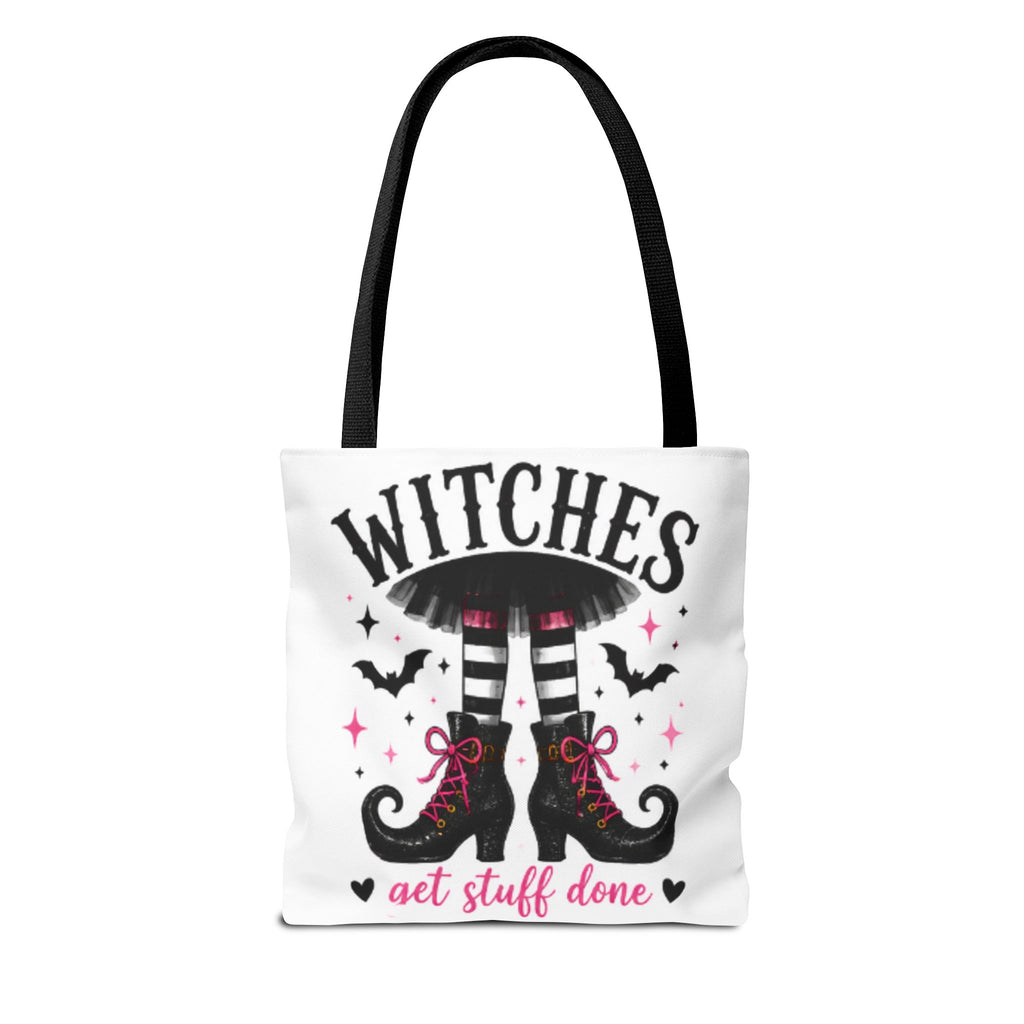 White tote bag with black handles, WITCHES graphic and "get stuff done" wording.