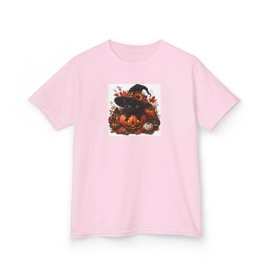 Kids Tee — Halloween Black Cat with Witch Hat & Pumpkins