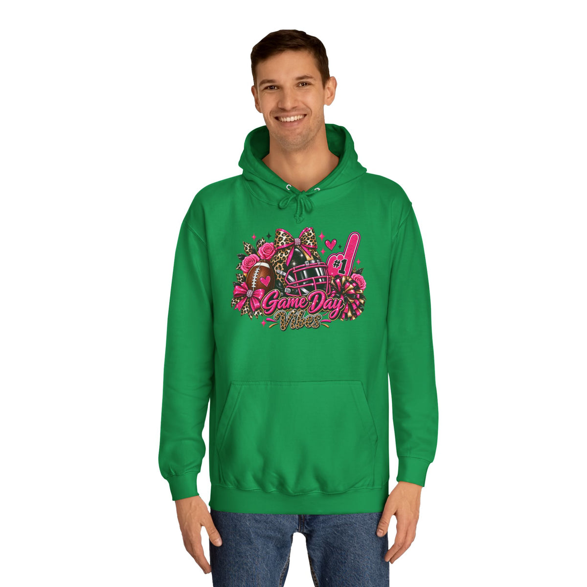 Game Day Cheer Hoodie — Pink Football Floral Design by Printify, green hoodie modeled with a colorful Game Day football and cheer graphic