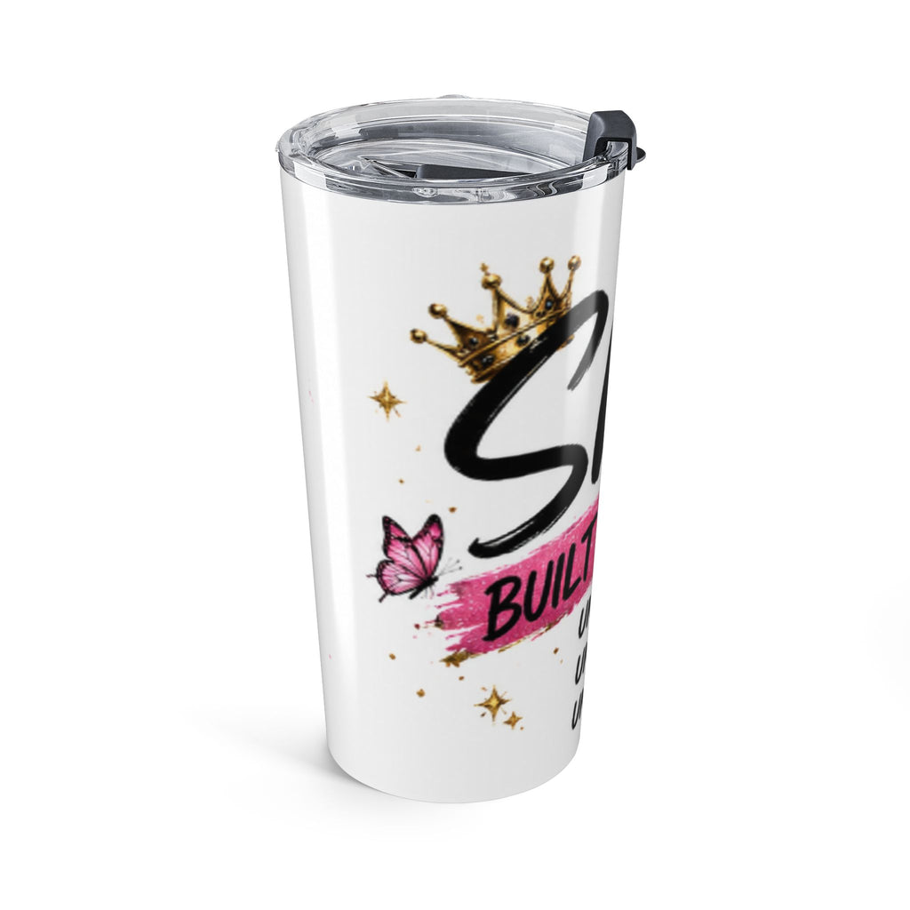 20oz insulated tumbler with clear lid, white body, pink butterfly and crown graphic