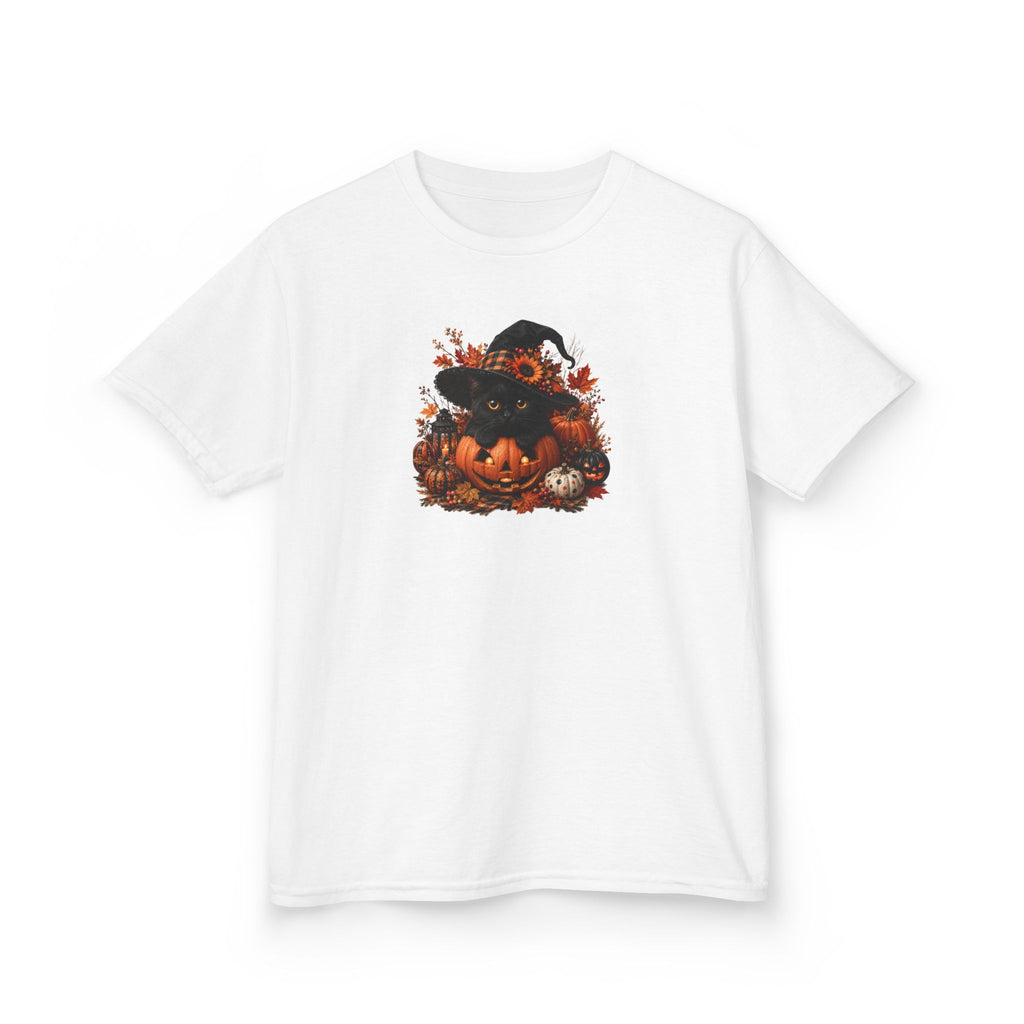 Kids Tee — Halloween Black Cat with Witch Hat & Pumpkins
