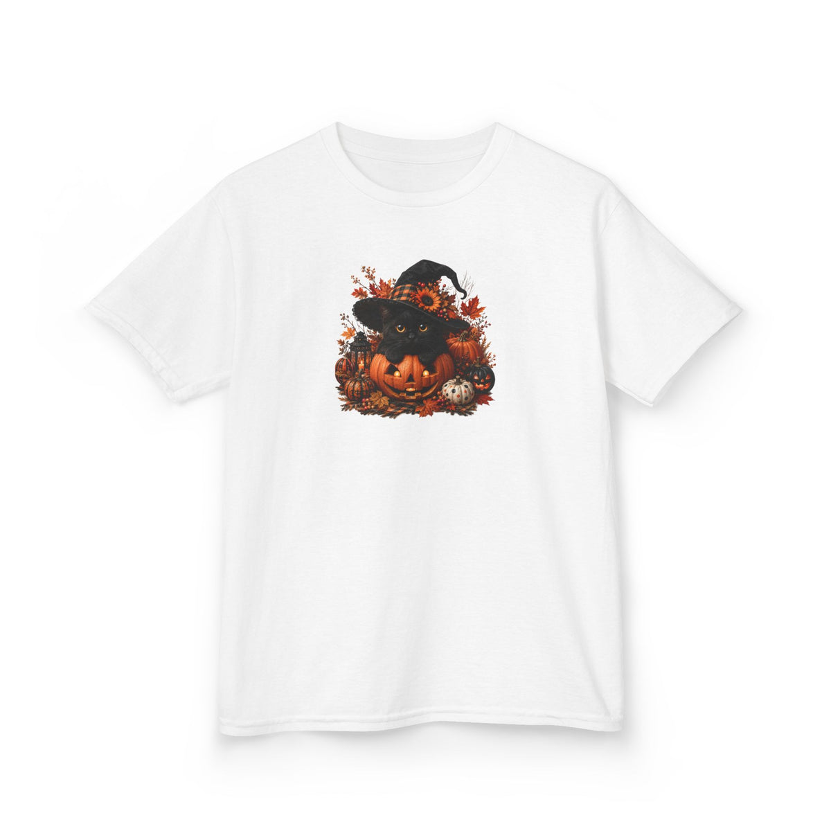 Kids Tee — Halloween Black Cat with Witch Hat & Pumpkins