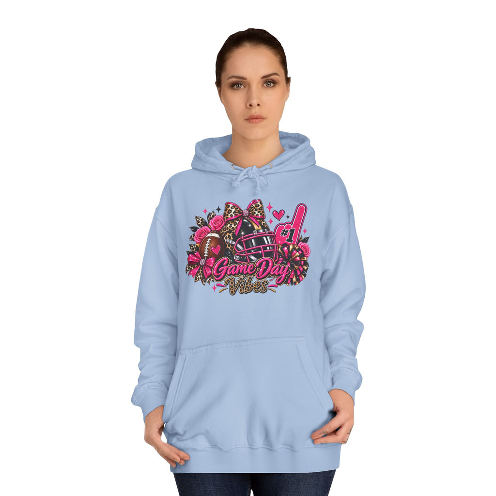 Game Day Cheer Hoodie — Pink Football Floral Design by Printify, modeled light blue hoodie with a colorful pink football and cheer graphic