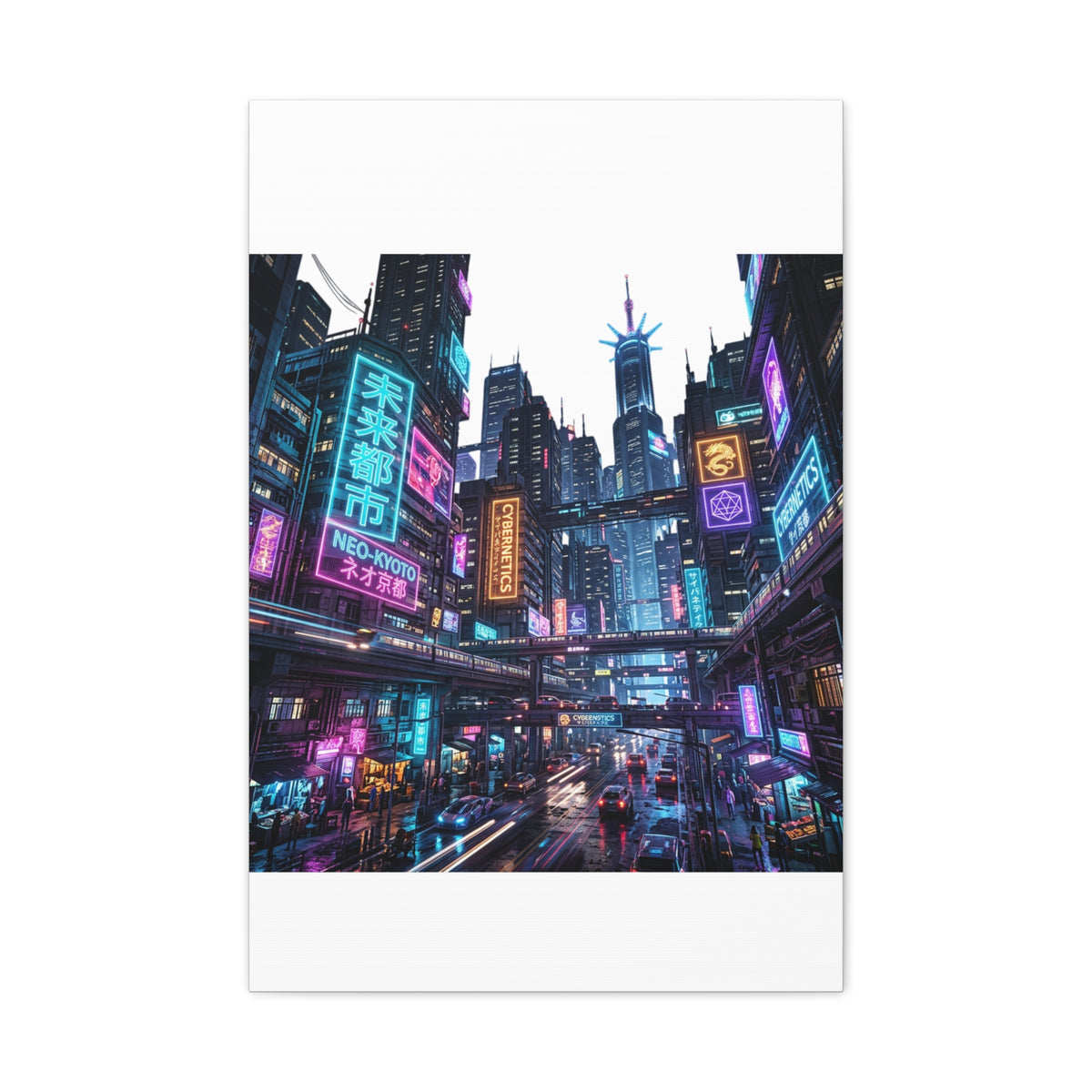 Neo-Kyoto Cyberpunk City Matte Canvas Print