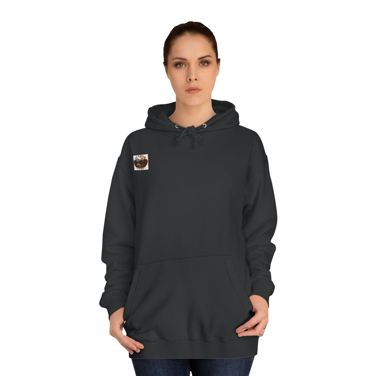 Dark gray pullover hoodie with hood, drawstrings, kangaroo pocket, and small chest logo patch.