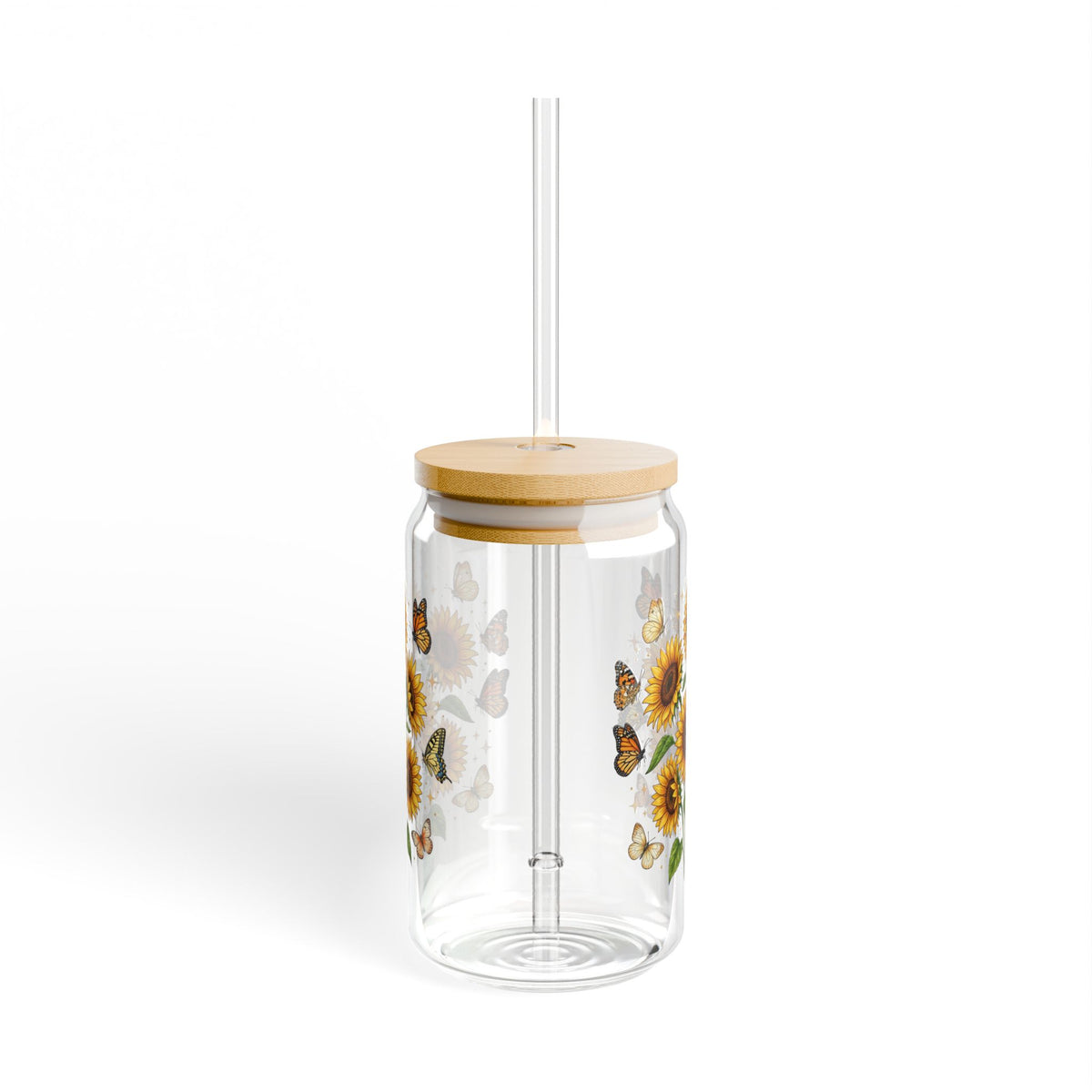 Sunflower & Butterfly Sipper Glass - 16oz Clear Tumbler with Bamboo Lid & Straw