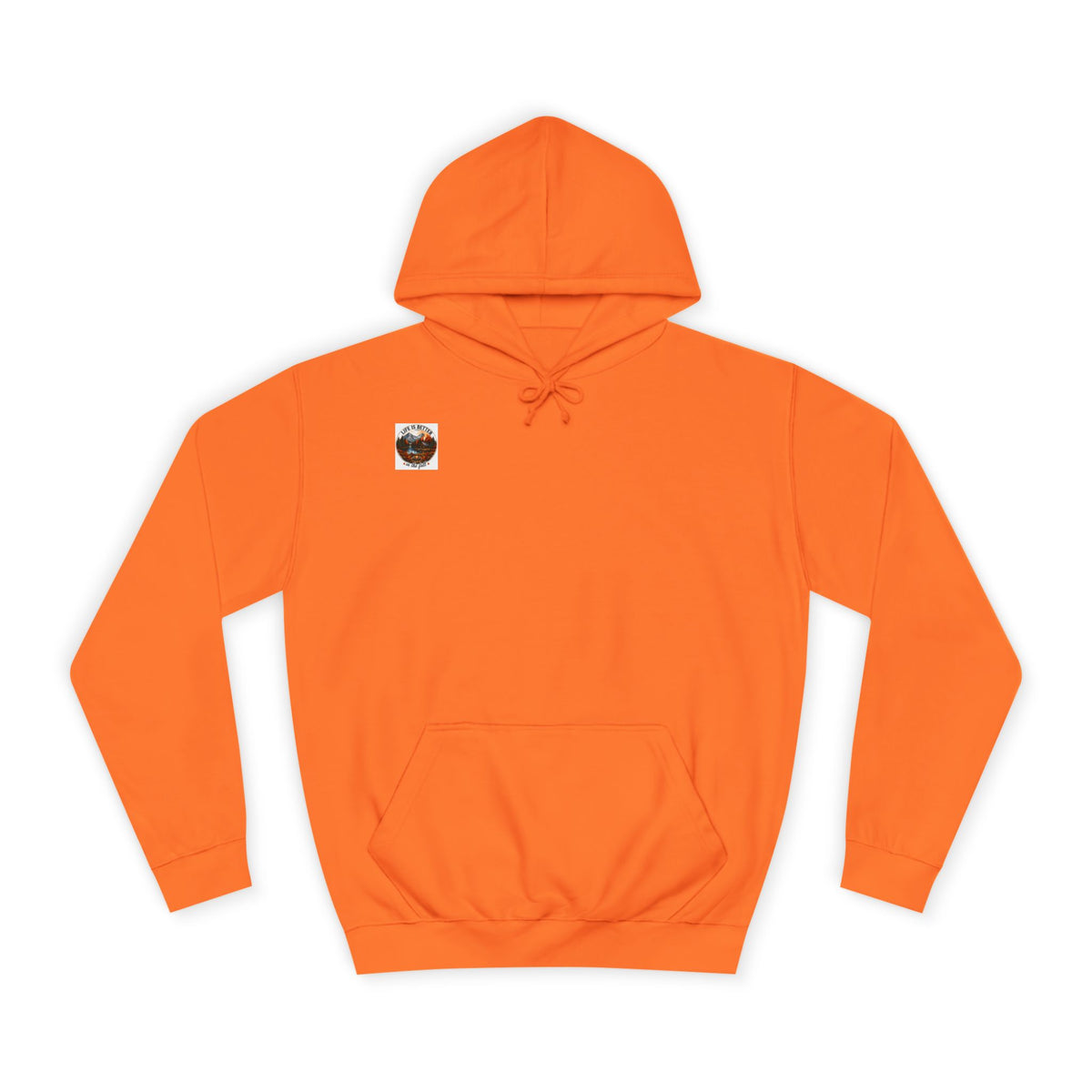 Orange pullover hoodie with hood, drawstrings, kangaroo pocket, and small back logo