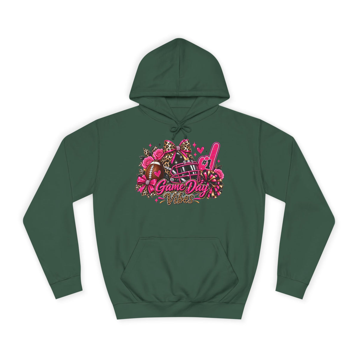 Game Day Cheer Hoodie — Pink Football Floral Design by Printify, dark green pullover hoodie with hood, front pocket, and colorful pink football cheer graphic.