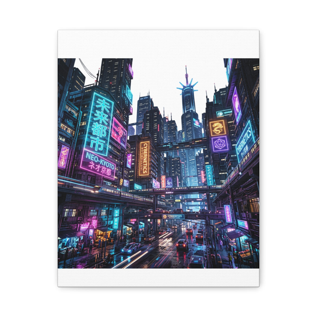 Neo-Kyoto Cyberpunk City Matte Canvas Print