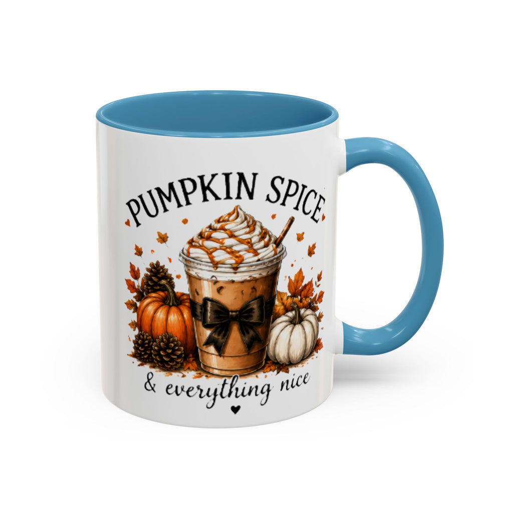 Light blue handle and rim white coffee mug with Pumpkin Spice and “everything nice” text.