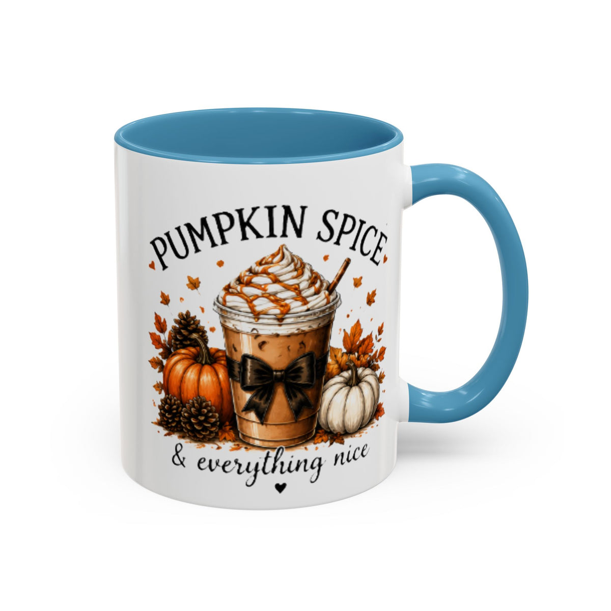 Light blue handle and rim white coffee mug with Pumpkin Spice and “everything nice” text.