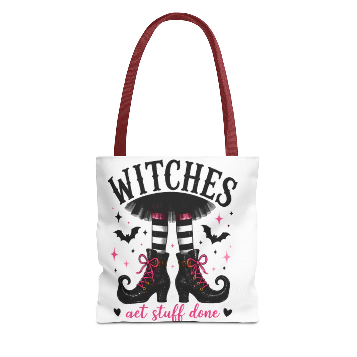 White tote bag with dark red handles, witches graphic and "get stuff done" lettering
