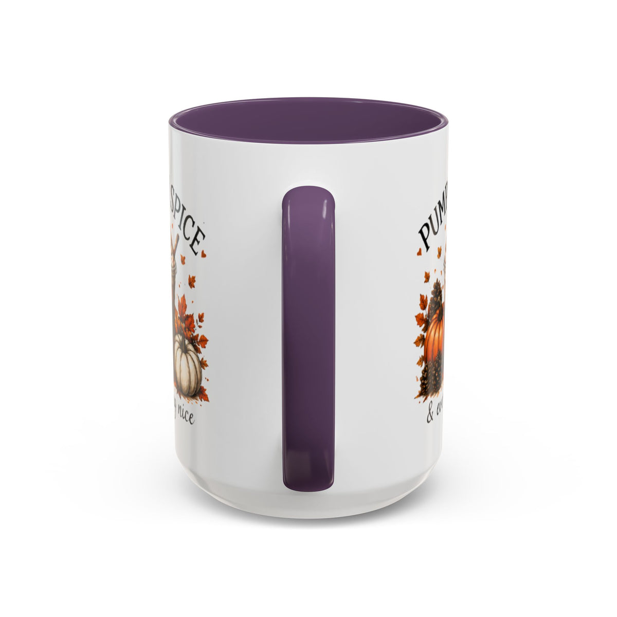 Purple accent coffee mug side view with vertical handle and “everything nice” print