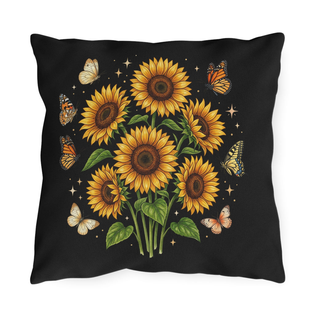 Sunflower & Butterfly Outdoor Pillow — Floral Garden Accent Cushion for Patio