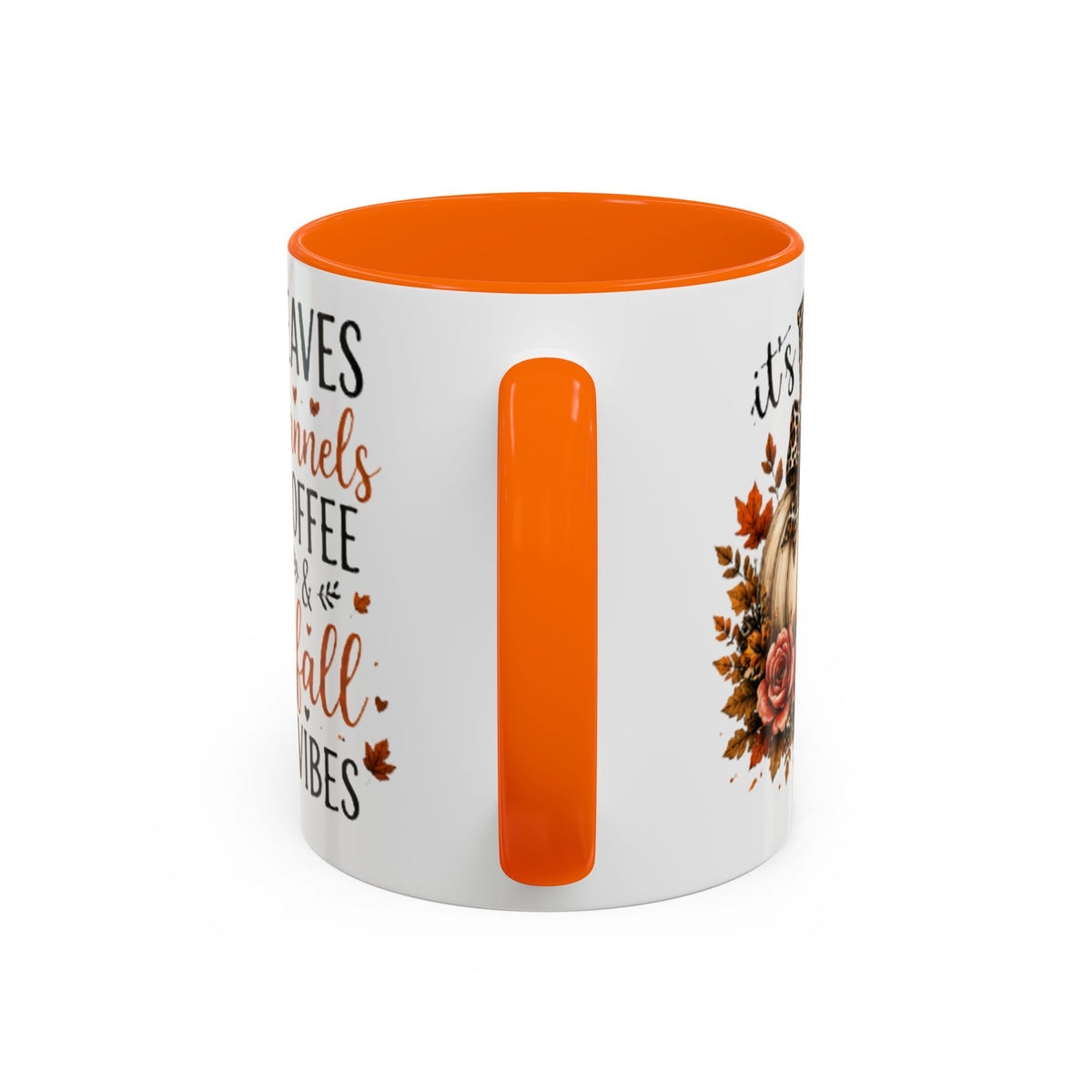 Autumn coffee mug with orange handle, white body, fall print and orange vertical accent