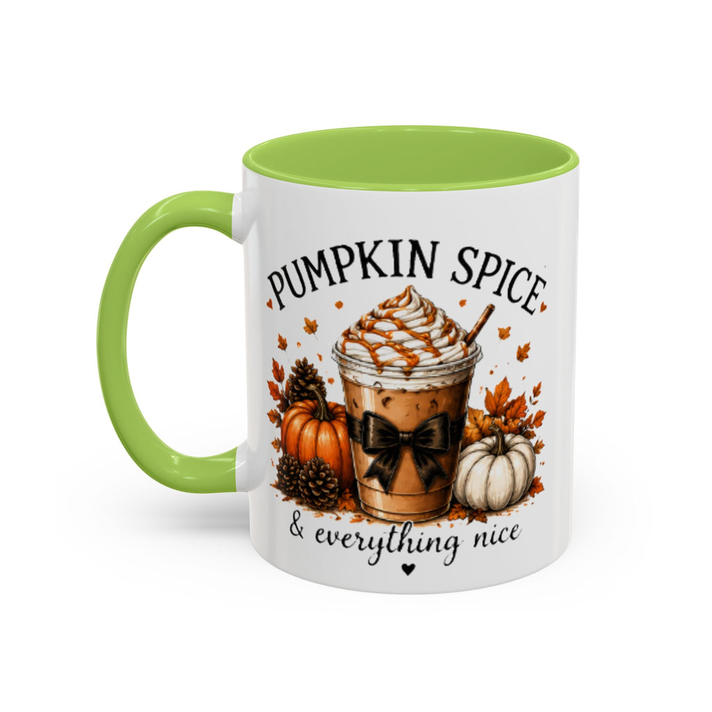 Green accent coffee mug with pumpkin spice coffee graphic and “everything nice” text