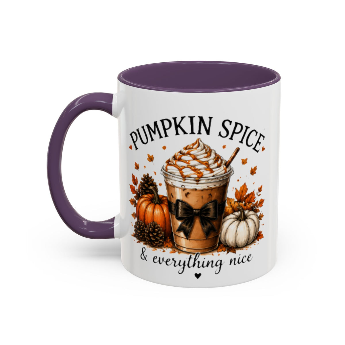 Purple accent coffee mug angled front view with pumpkin spice coffee graphic and text