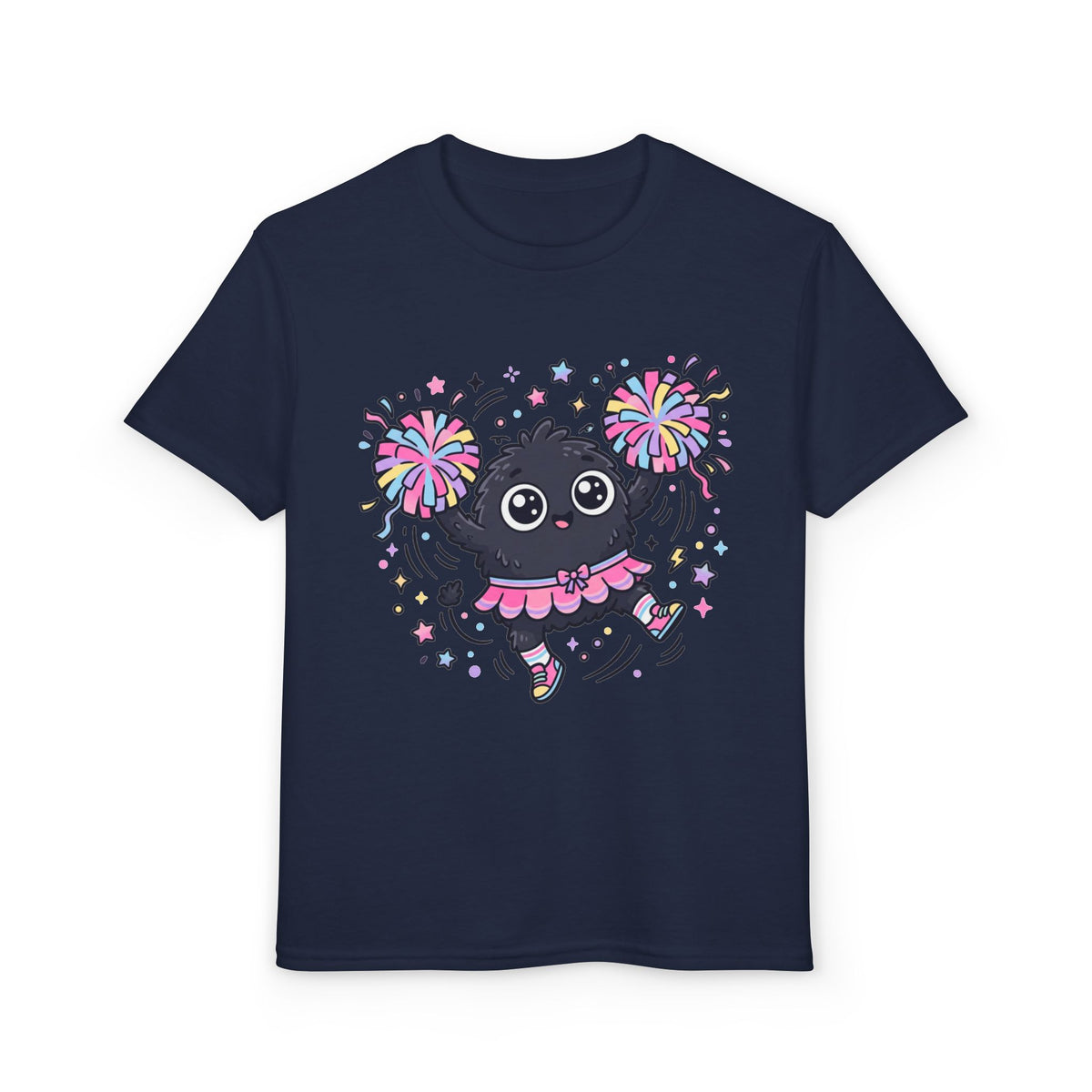 Cute Black Kitty Cheerleader Youth T-Shirt — Pom-Pom Dancing Cat Tee