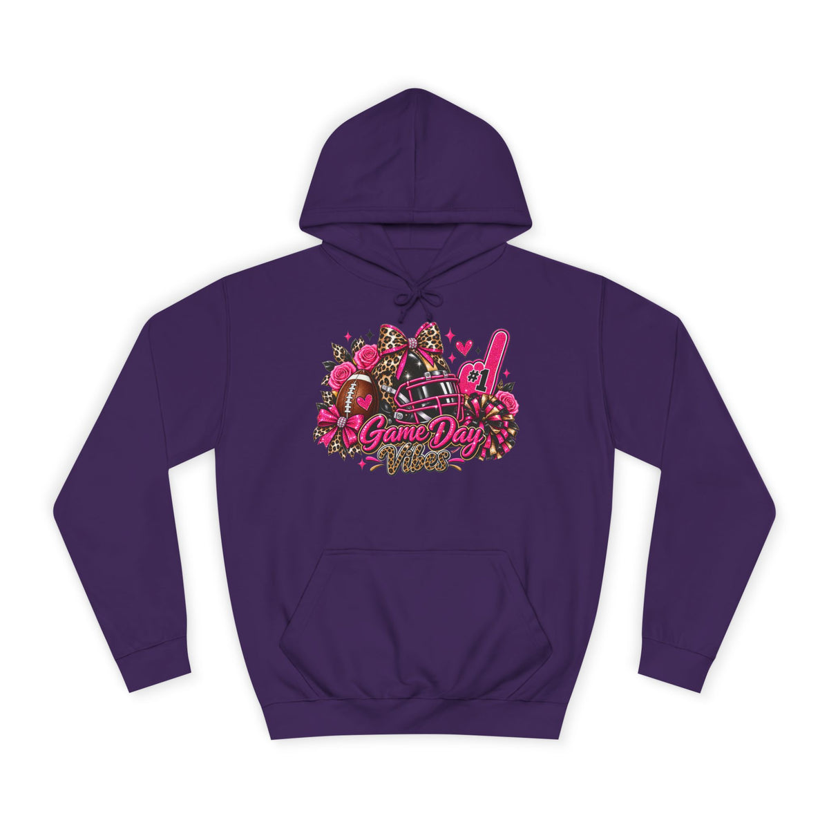 Game Day Cheer Hoodie — Pink Football Floral Design by Printify, purple pullover hoodie with colorful football, pom poms, and Game Day graphic on the front