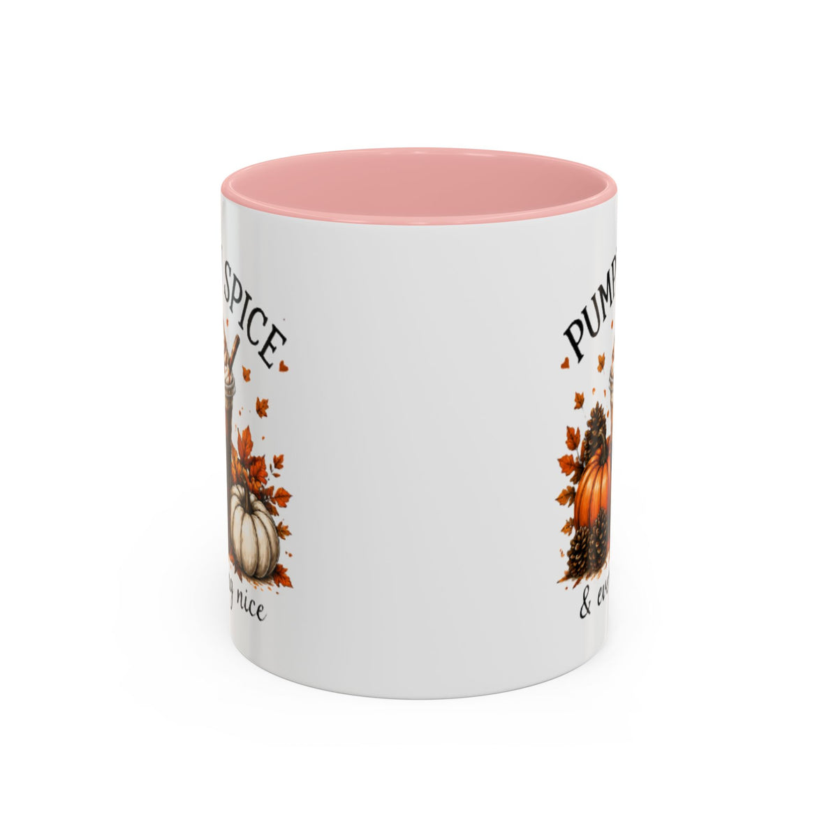 White pumpkin spice coffee mug with pink interior and fall pumpkin graphic with lettering