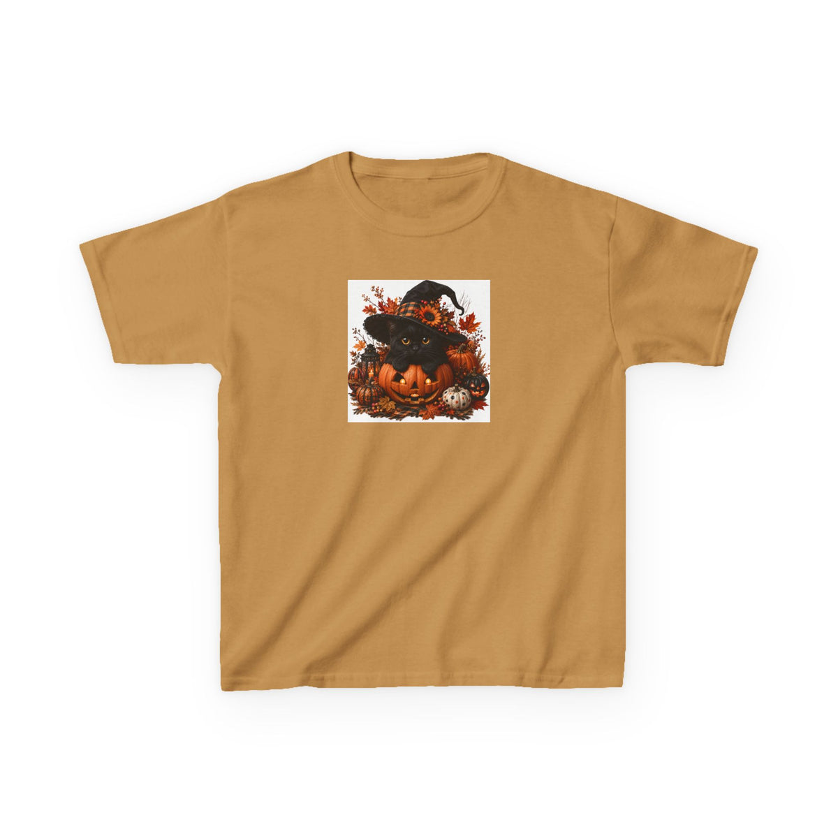 Kids Tee — Halloween Black Cat with Witch Hat & Pumpkins