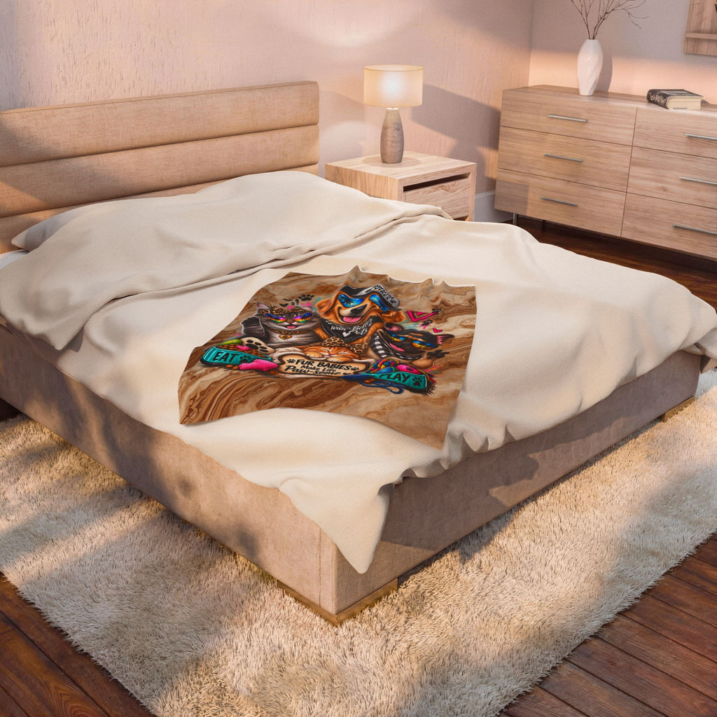 Velveteen Plush Blanket — "Life Is Better with Pets" Cute Dog & Cat Paw-Some Throw