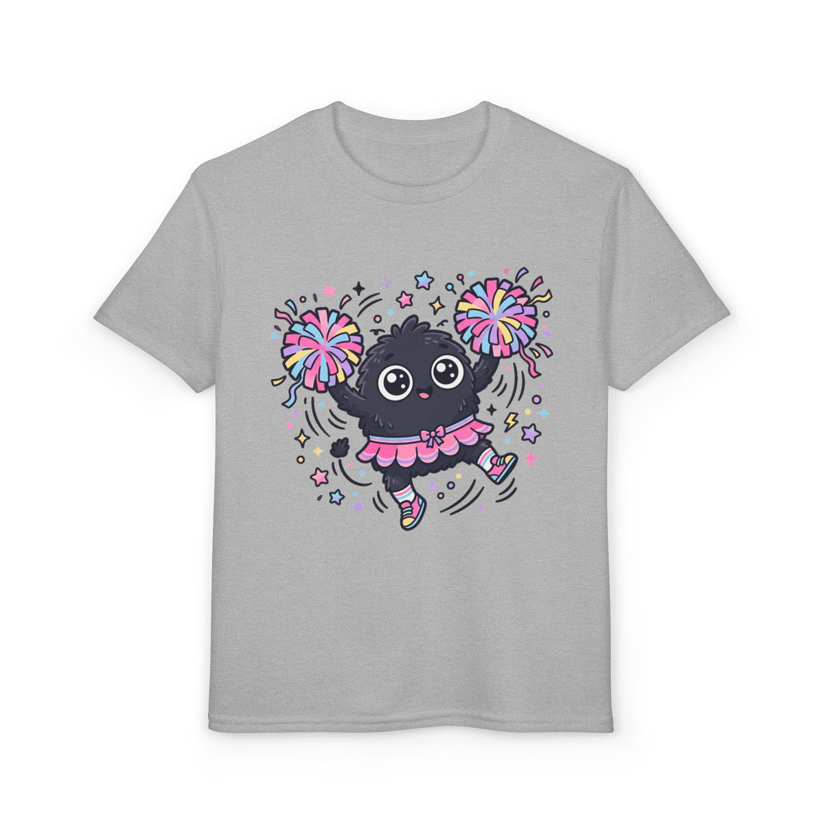 Cute Black Kitty Cheerleader Youth T-Shirt — Pom-Pom Dancing Cat Tee