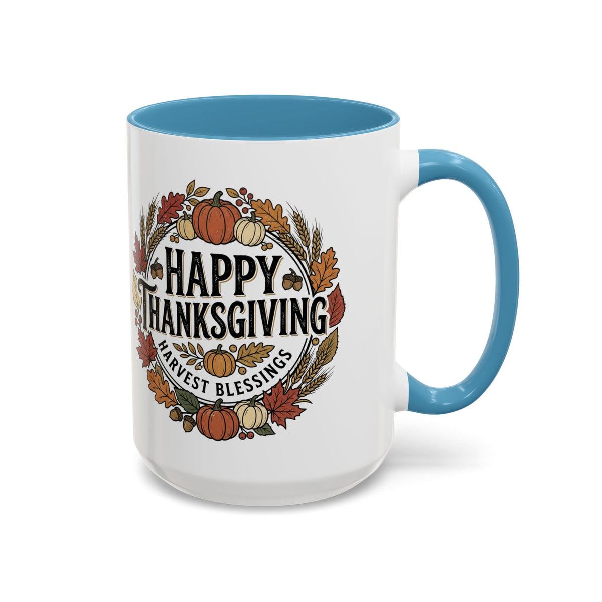 Happy Thanksgiving Accent Coffee Mug — "Harvest Blessings" Fall Pumpkin Wreath (11/15 oz)