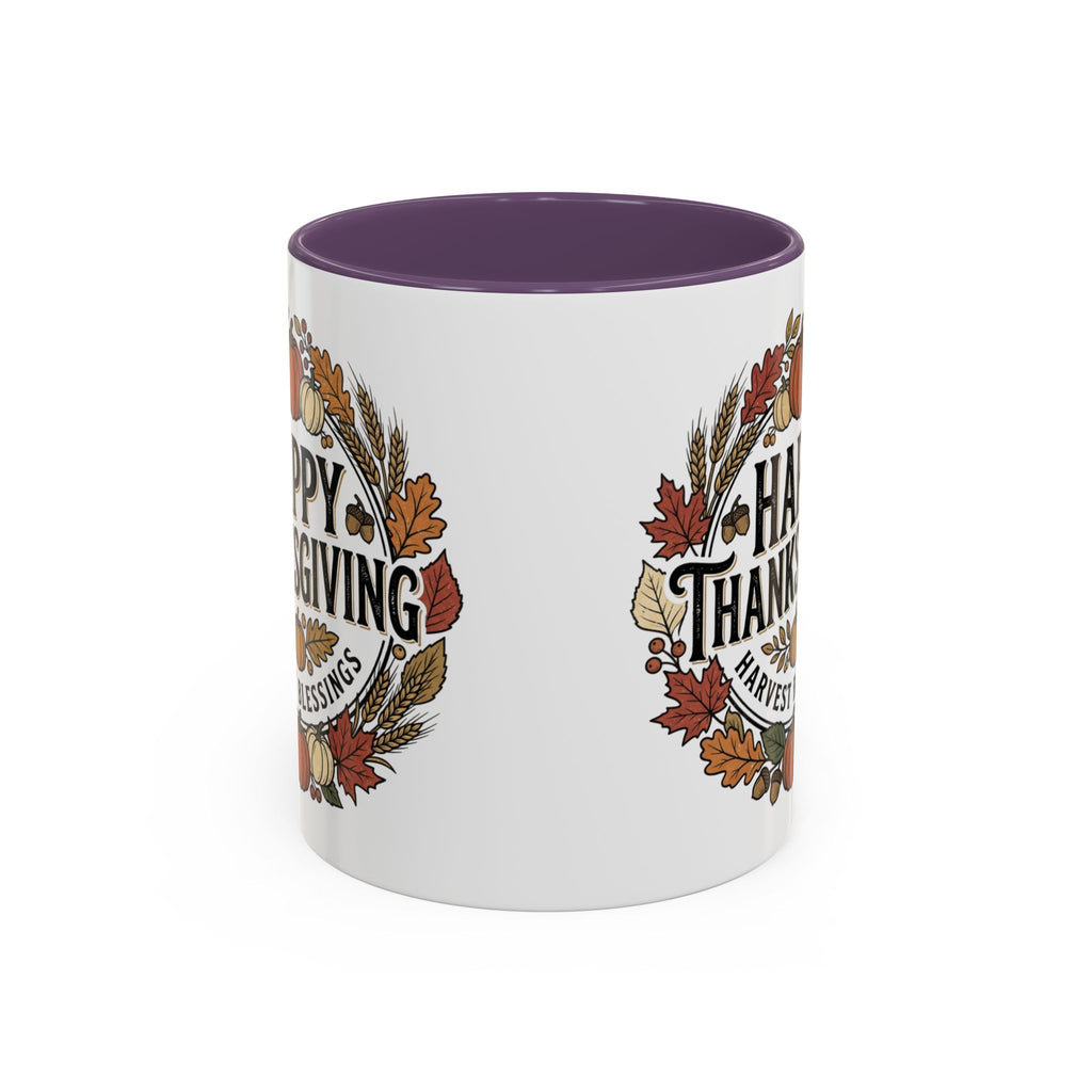 Happy Thanksgiving Accent Coffee Mug — "Harvest Blessings" Fall Pumpkin Wreath (11/15 oz)
