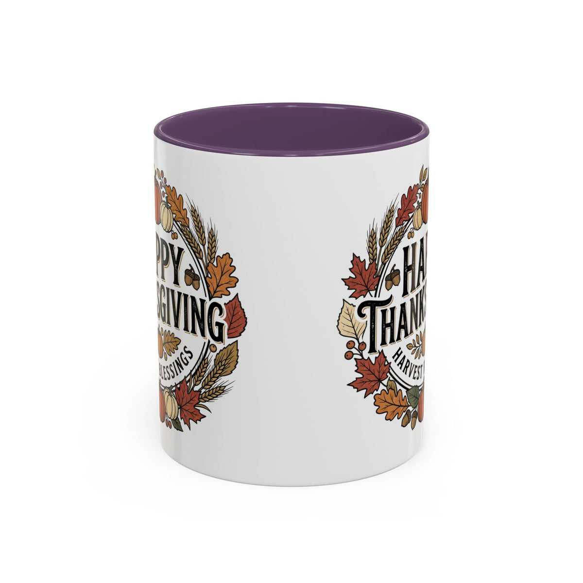 Happy Thanksgiving Accent Coffee Mug — "Harvest Blessings" Fall Pumpkin Wreath (11/15 oz)