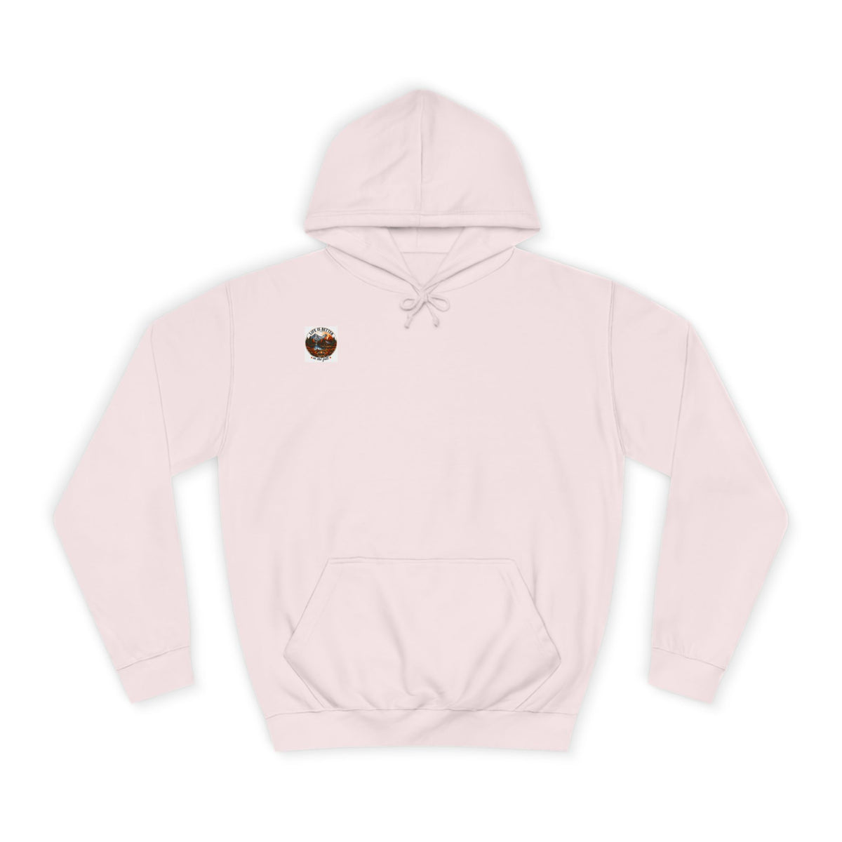 Baby pink pullover hoodie with hood, drawstrings, kangaroo pocket, and small back logo