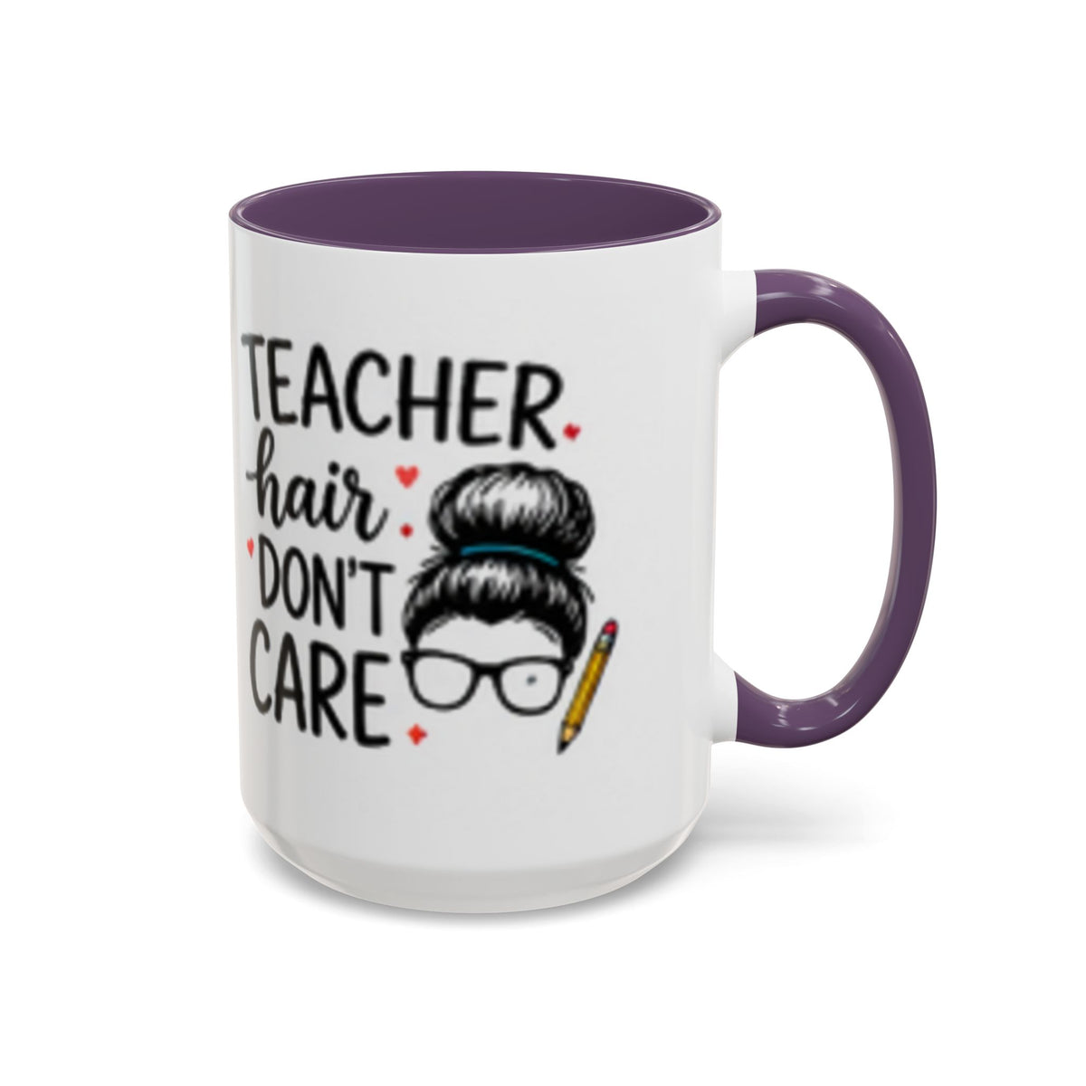 Purple-accent coffee mug with "TEACHER hair DON'T CARE" text and glasses teacher illustration