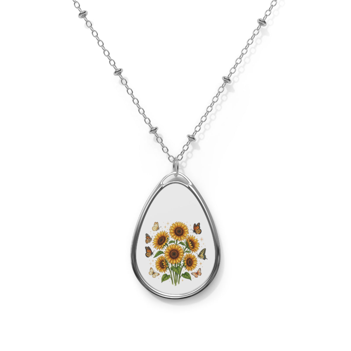 Sunflower Oval Pendant Necklace — Floral Teardrop Locket