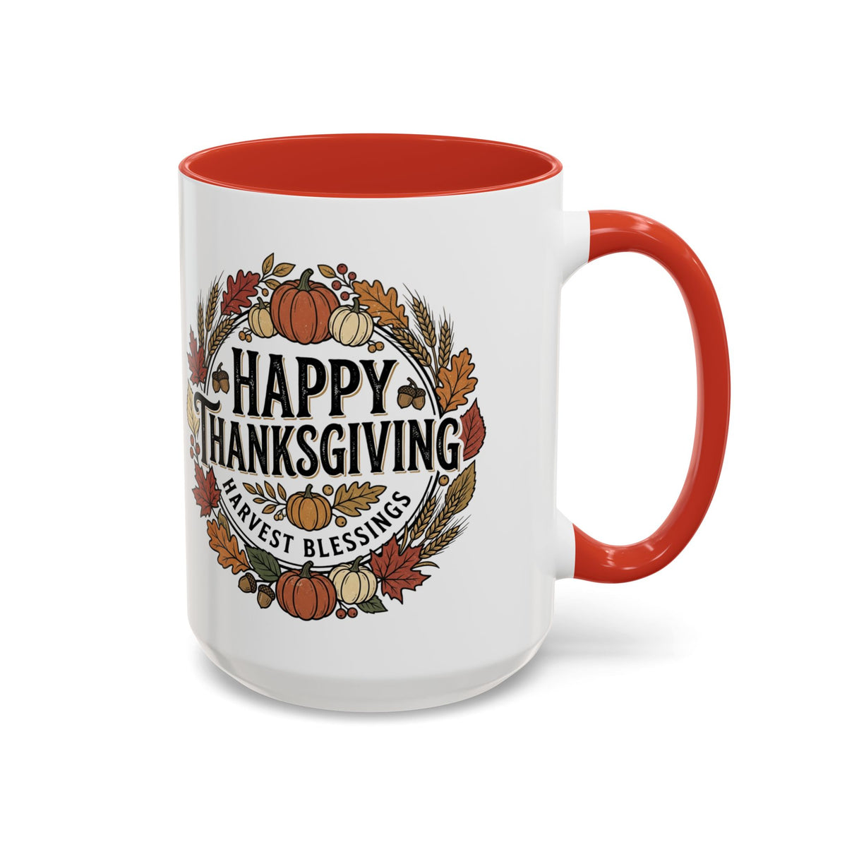 Happy Thanksgiving Accent Coffee Mug — "Harvest Blessings" Fall Pumpkin Wreath (11/15 oz)