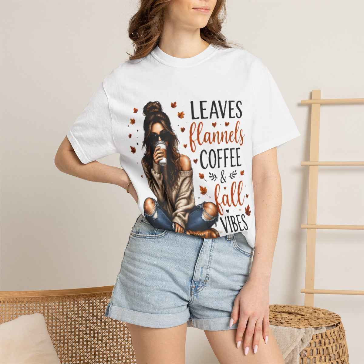 Fall Vibes Tee – "Leaves Flannels Coffee & Fall Vibes" Graphic T-Shirt