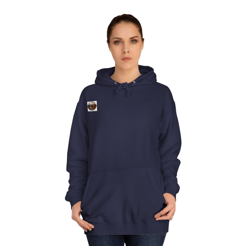 Navy pullover hoodie with hood and kangaroo pocket; small chest patch.