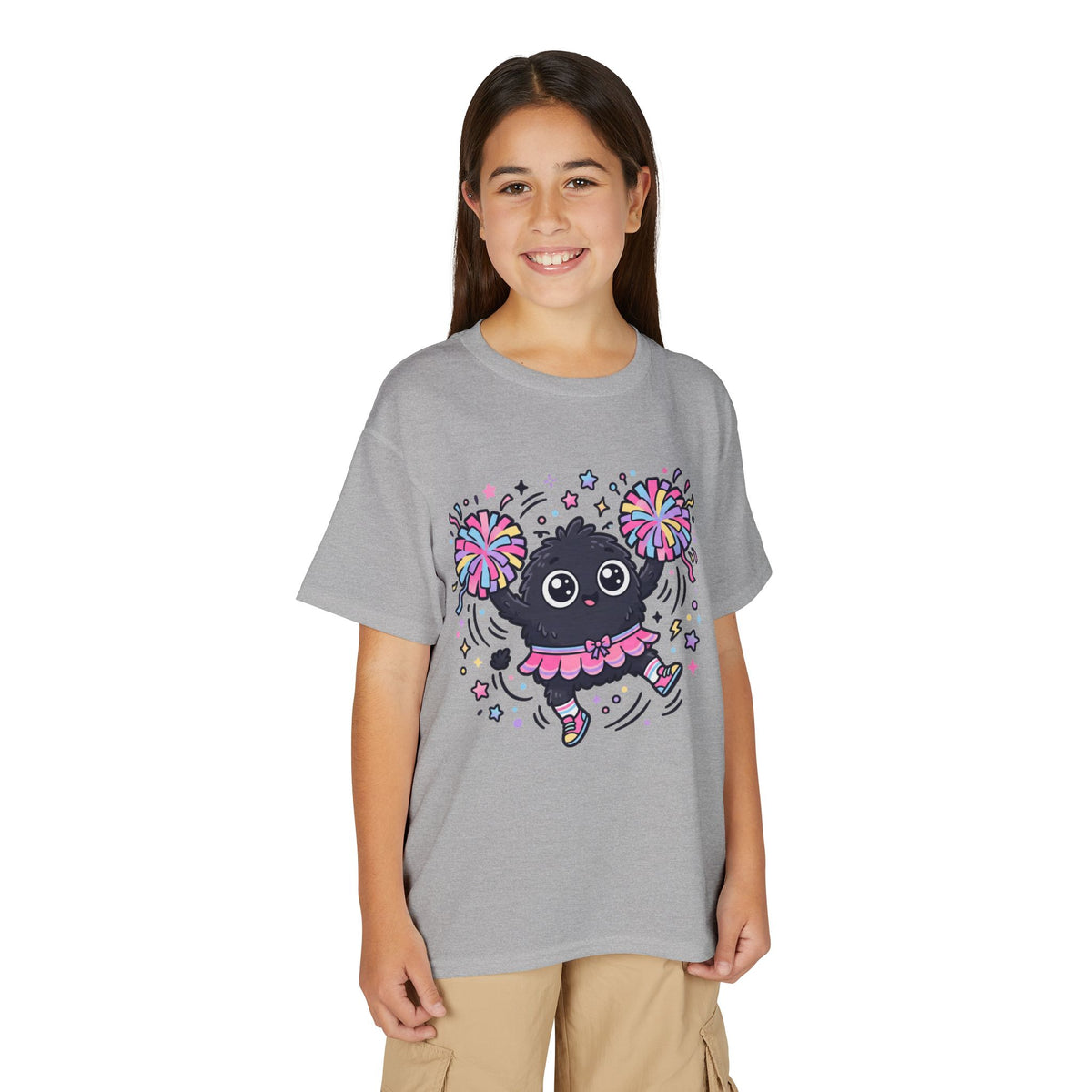 Cute Black Kitty Cheerleader Youth T-Shirt — Pom-Pom Dancing Cat Tee