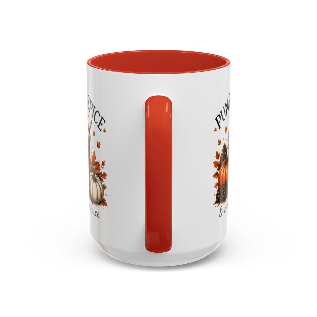 Red-accent white coffee mug with vertical handle and pumpkin seasonal design.